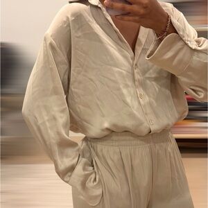 Neutral Cream Button-Up Blouse and Elastic Waist Pants Set